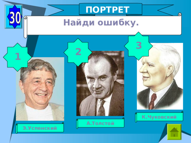 ПОРТРЕТЫ Найди ошибку.  3 2 1 К.Чуковский А.Толстой Э.Успенский 