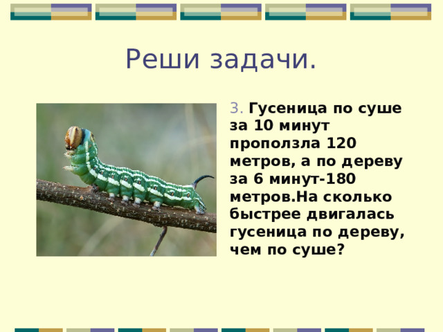 Реши задачи. 3 . Гусеница по суше за 10 минут проползла 120 метров, а по дереву за 6 минут-180 метров.На сколько быстрее двигалась гусеница по дереву, чем по суше?   