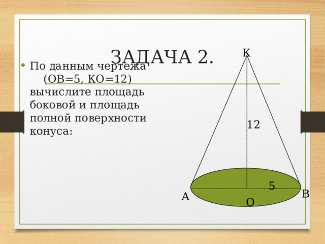 ЗАДАЧА 2. К По данным чертежа (ОВ=5, КО=12) вычислите площадь боковой и площадь полной поверхности конуса: 12 5 В А О 