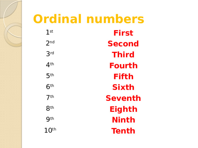 Ordinal numbers 1 st First 2 nd Second 3 rd Third 4 th Fourth 5 th Fifth 6 th Sixth 7 th Seventh 8 th Eighth 9 th Ninth 10 th Tenth 