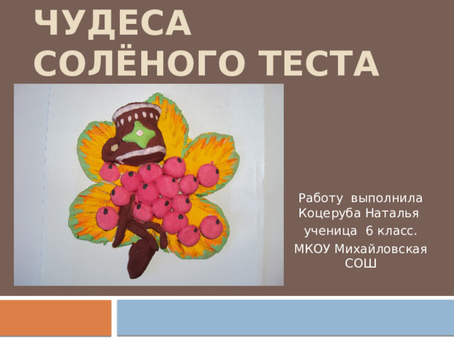 ЧУДЕСА СОЛЁНОГО ТЕСТА Работу выполнила Коцеруба Наталья ученица 6 класс. МКОУ Михайловская СОШ 