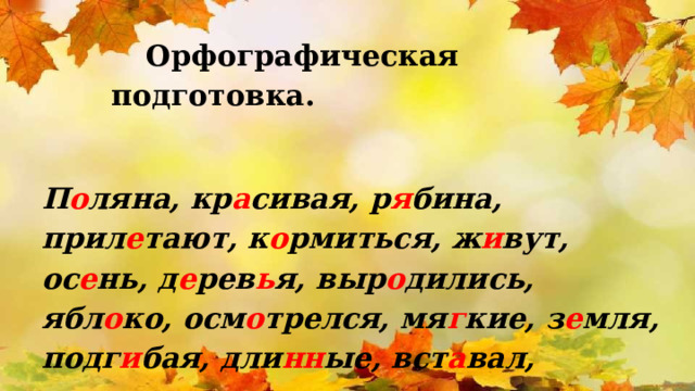 Орфографическая подготовка.  П о ляна, кр а сивая, р я бина, прил е тают, к о рмиться, ж и вут, ос е нь, д е рев ь я, выр о дились, ябл о ко, осм о трелся, мя г кие, з е мля, подг и бая, дли нн ые, вст а вал, к о лени, всп о м и наю, о днажды.  