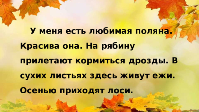 У меня есть любимая поляна. Красива она. На рябину прилетают кормиться дрозды. В сухих листьях здесь живут ежи. Осенью приходят лоси. 