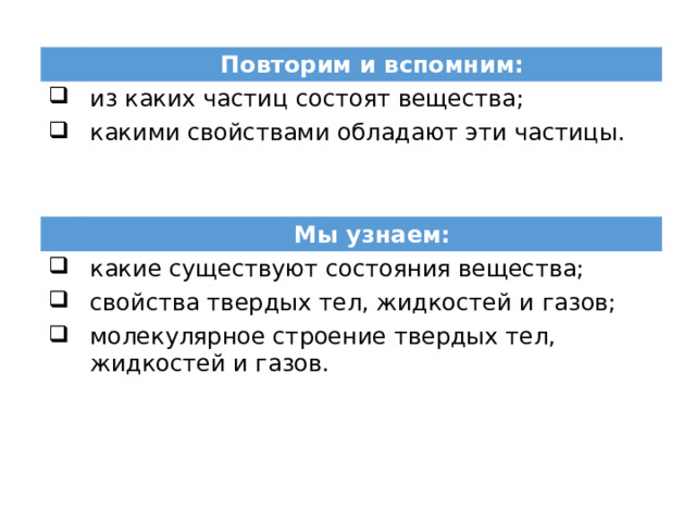 Повторим и вспомним: из каких частиц состоят вещества; какими свойствами обладают эти частицы. Мы узнаем: какие существуют состояния вещества; свойства твердых тел, жидкостей и газов; молекулярное строение твердых тел, жидкостей и газов. 