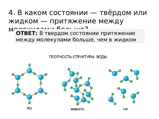 4. В каком состоянии — твёрдом или жидком — притяжение между молекулами больше? ОТВЕТ: В твердом состоянии притяжение между молекулами больше, чем в жидком 