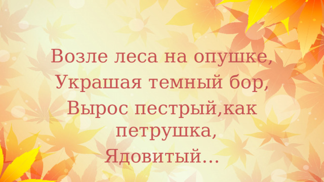 Возле леса на опушке, Украшая темный бор, Вырос пестрый,как петрушка, Ядовитый… 