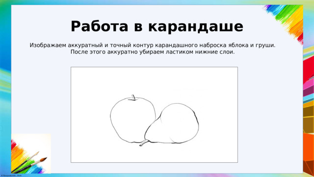 Работа в карандаше Изображаем аккуратный и точный контур карандашного наброска яблока и груши. После этого аккуратно убираем ластиком нижние слои. 