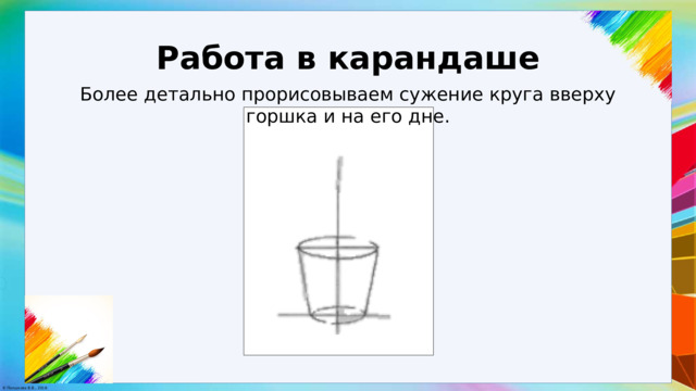 Работа в карандаше Более детально прорисовываем сужение круга вверху горшка и на его дне. 