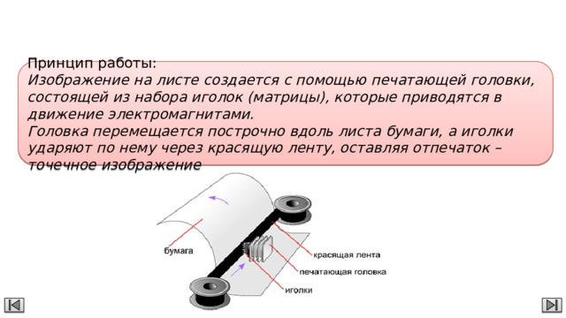 Матричный принтер Принцип работы: Изображение на листе создается с помощью печатающей головки, состоящей из набора иголок (матрицы), которые приводятся в движение электромагнитами. Головка перемещается построчно вдоль листа бумаги, а иголки ударяют по нему через красящую ленту, оставляя отпечаток – точечное изображение 