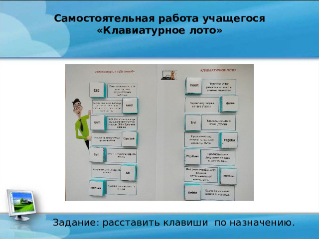 Самостоятельная работа учащегося  «Клавиатурное лото»     Задание: расставить клавиши по назначению . 