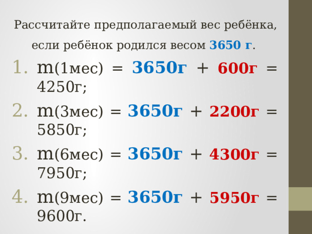 Рассчитайте предполагаемый вес ребёнка, если ребёнок родился весом 3650 г . m (1мес) = 3650г + 600г = 4250г; m (3мес) = 3650г + 2200г = 5850г; m (6мес) = 3650г + 4300г = 7950г; m (9мес) = 3650г + 5950г = 9600г. 