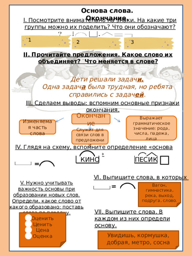 = Основа слова. Окончание. I. Посмотрите внимательно на знаки. На какие три группы можно их поделить? Что они обозначают? 1 2 3 II. Прочитайте предложения. Какое слово их объединяет? Что меняется в слове? Дети решали задач и. Одна задач а была трудная, но ребята справились с задач ей . III. Сделаем выводы: вспомним основные признаки окончания. Окончание Выражает грамматическое значение: рода, числа, падежа, лица Изменяемая часть слова Служит для связи слов в предложении IV. Глядя на схему, вспомните определение «основа слова» КИНО ПЕСИК = = = VI. Выпишите слова, в которых V. Нужно учитывать важность основы при образовании новых слов. Определи, какое слово от какого образовано: поставь слова по порядку. Вагон, гимнастика, река, выход, подруга, слово. VII. Выпишите слова. В каждом из них определи основу. Оценить Ценить Цена Оценка Увидишь, кормушка, добрая, метро, сосна 