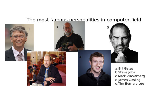 The most famous personalities in computer field M 3 5 1 2 4 a.Bill Gates b.Steve Jobs c.Mark Zuckerberg d.James Gosling e.Tim Berners-Lee 