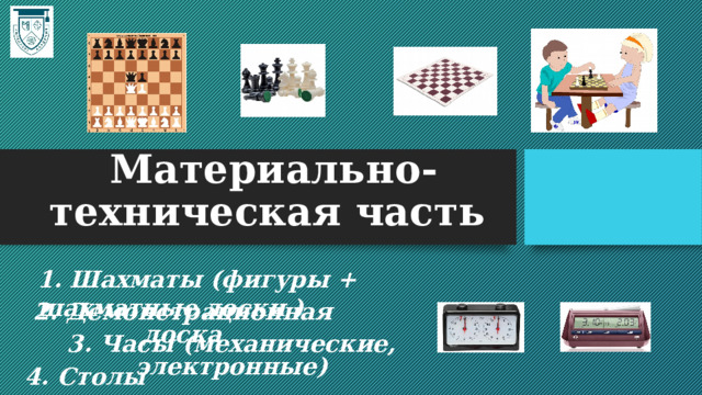 Материально-техническая часть  1. Шахматы (фигуры + шахматные доски ) 2. Демонстрационная доска 3. Часы (механические, электронные) 4. Столы 