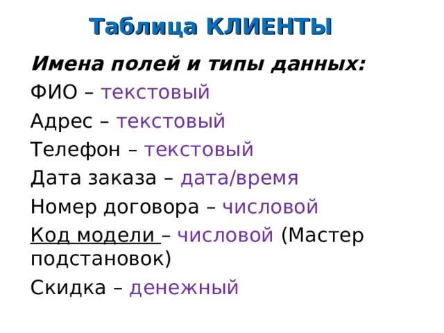 Таблица КЛИЕНТЫ Имена полей и типы данных: ФИО – текстовый  Адрес – текстовый Телефон – текстовый Дата заказа – дата/время Номер договора – числовой Код модели – числовой (Мастер подстановок) Скидка – денежный    