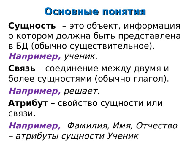 Основные понятия Сущность –  это объект, информация о котором должна быть представлена в БД (обычно существительное).  Например, ученик. Связь  – соединение между двумя и более сущностями (обычно глагол).  Например,  решает. Атрибут  – свойство сущности или связи. Например, Фамилия, Имя, Отчество – атрибуты сущности Ученик 