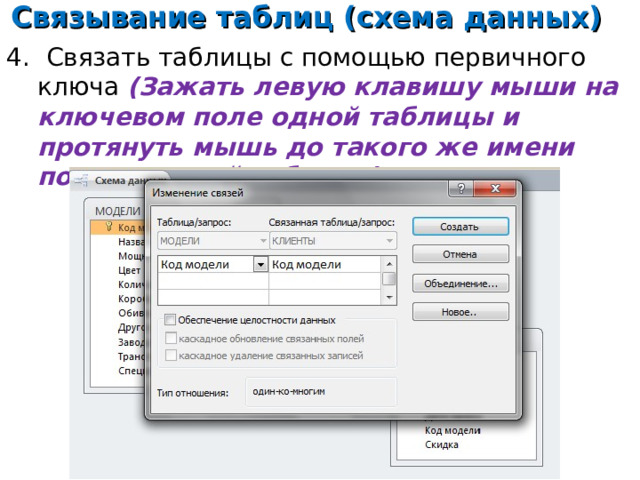 Связывание таблиц (схема данных) 4. Связать таблицы с помощью первичного ключа (Зажать левую клавишу мыши на ключевом поле одной таблицы и протянуть мышь до такого же имени поля в другой таблице)    