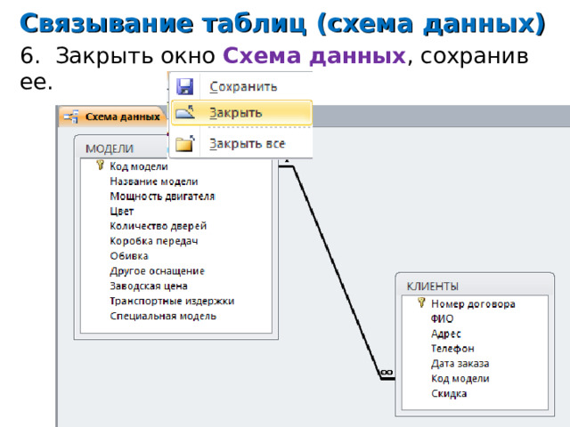 Связывание таблиц (схема данных) 6. Закрыть окно Схема данных , сохранив ее.    