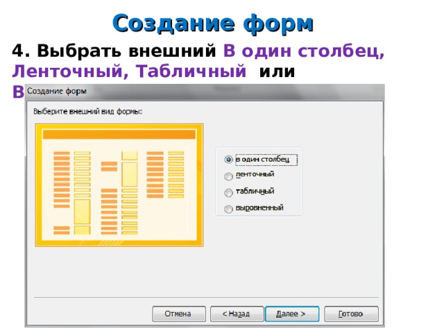 Создание форм 4. Выбрать внешний В один столбец, Ленточный, Табличный или Выровненный .        14 