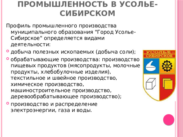 Промышленность в Усолье-Сибирском Профиль промышленного производства муниципального образования 