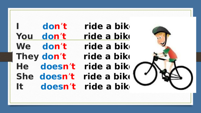 I        do n ’ t      ride a bike   You   do n ’ t      ride a bike   We    do n ’ t      ride a bike   They do n ’ t      ride a bike   He    does n ’ t   ride a bike   She  does n ’ t   ride a bike   It      does n ’ t   ride a bike    