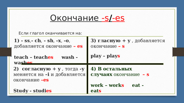 Окончание -s / -es       Если глагол оканчивается на:   1) - ss , - ch , - sh , -x , -о ,  3) гласную + y , добавляется  добавляется окончание – es                                                        ​  teach – teach es     wash - wash es окончание  – s   ​ play – play s ​ 2)  согласную + y , тогда -y меняется на –i и добавляется окончание  –es ​ 4) В остальных случаях окончание    – s  ​ work – work s     eat - eat s Study - studi es ​ 