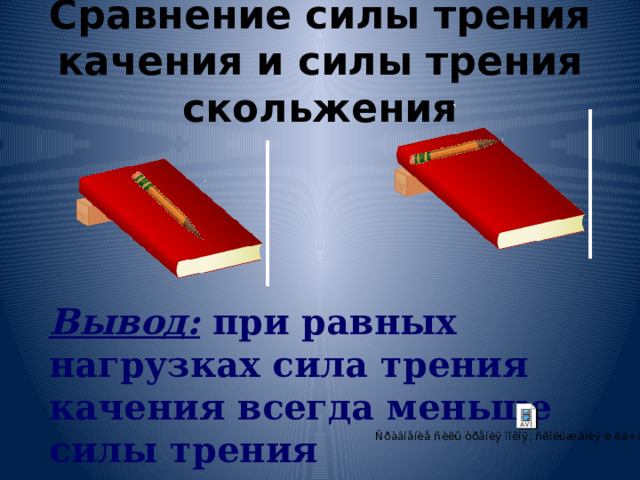 Сравнение силы трения качения и силы трения скольжения Вывод: при равных нагрузках сила трения качения всегда меньше силы трения скольжения. 