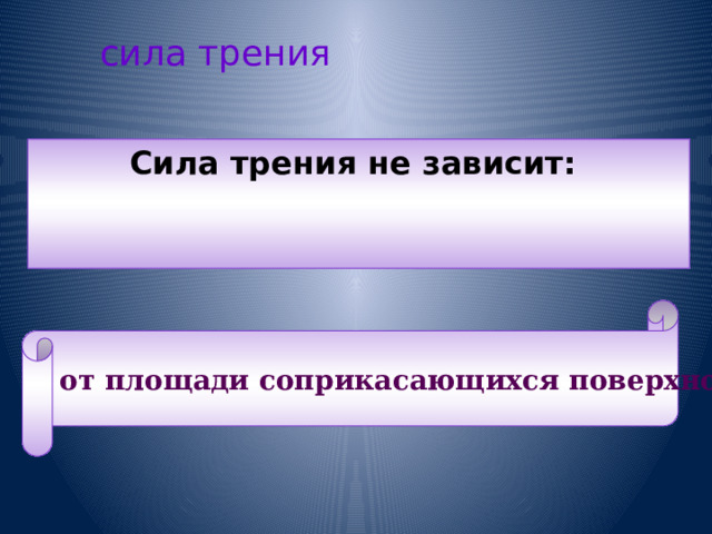 сила трения Сила трения не зависит: от площади соприкасающихся поверхностей. 