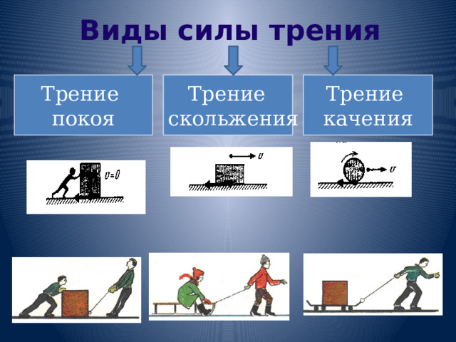 Виды силы трения Трение Трение Трение покоя скольжения качения 