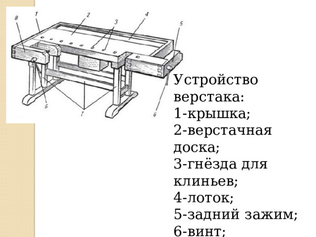 Устройство верстака: 1-крышка; 2-верстачная доска; 3-гнёзда для клиньев; 4-лоток; 5-задний зажим; 6-винт; 7-подверстачье;  8-передний зажим 