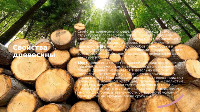 Свойства древесины   Свойства древесины определяются, прежде всего, структурой и составом ее пород. Причем в пределах одной и той же породы ее свойства могут различаться в зависимости от возраста дерева, места и условий произрастания, влажности, способов переработки и многих других факторов. Важнейшими декоративными и эстетическими свойствами древесины являются ее цвет, текстура и блеск. Цвет  древесины является важнейшим диагностическим признаком, служит, как правило, для распознавания породы дерева и изменяется в довольно широких пределах – от светлого у ели до черно-коричневого у черного ореха. Многообразие цветов и оттенков придают древесине в основном красящие, дубильные и смолистые вещества, которые находятся в полостях клеток. Но яркость и колорит могут изменяться под воздействием многих факторов: в зависимости от возраста, условий произрастания, времени после срубки и т.п. 