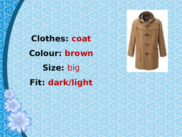 Clothes: coat Colour: brown Size: big Fit: dark / light 