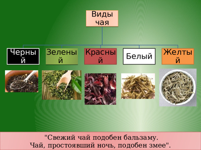 Виды чая Желтый Белый Красный Зеленый  Черный  