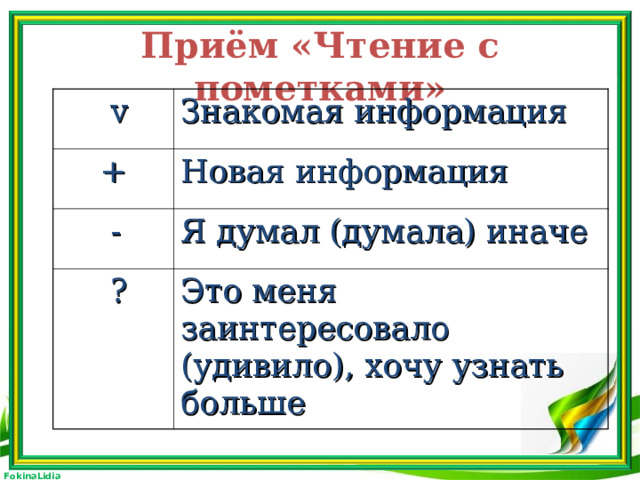 Приём «Чтение с пометками»  v Знакомая информация  + Новая информация  - Я думал (думала) иначе  ? Это меня заинтересовало (удивило), хочу узнать больше