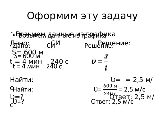 Оформим эту задачу Возьмем данные из графика   Дано: СИ Решение:  S= 600 м t = 4 мин 240 с Найти: Ʋ= = 2,5 м/с Ʋ=? Ответ: 2,5 м/с 