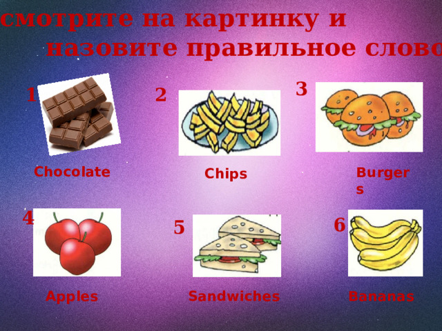 Посмотрите на картинку и  назовите правильное слово. 3 1 2 Chocolate Burgers Chips 4 6 5 Apples Bananas Sandwiches 