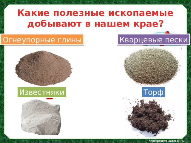 Какие полезные ископаемые добывают в нашем крае? Огнеупорные глины Кварцевые пески Известняки Торф 