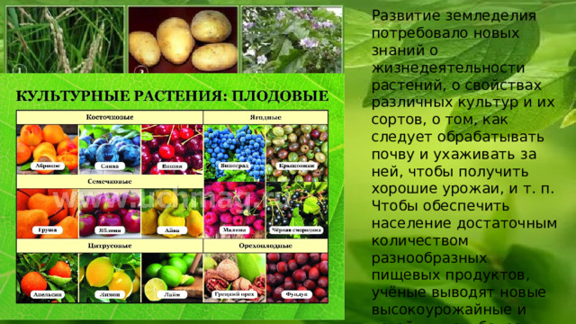 Развитие земледелия потребовало новых знаний о жизнедеятельности растений, о свойствах различных культур и их сортов, о том, как следует обрабатывать почву и ухаживать за ней, чтобы получить хорошие урожаи, и т. п. Чтобы обеспечить население достаточным количеством разнообразных пищевых продуктов, учёные выводят новые высокоурожайные и устойчивые к болезням сорта культурных растений. 