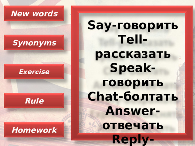 New words Say- говорить Tell- рассказать Speak- говорить Chat- болтать Answer- отвечать Reply- возражать Explain- объяснять Add- добавлять Synonyms Exercise Rule Homework 