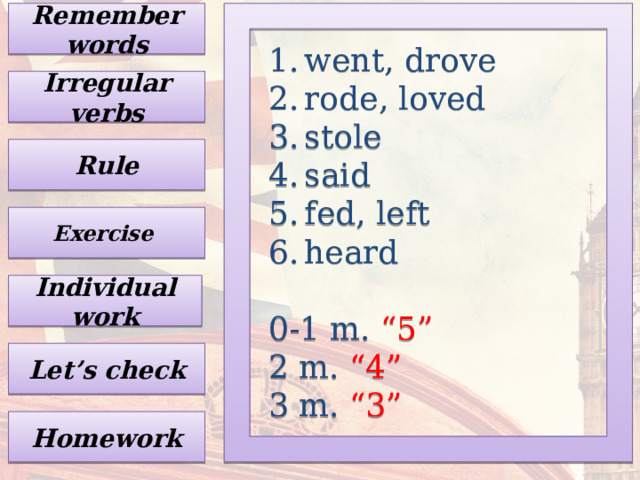 Remember words went, drove rode, loved stole said fed, left heard 0-1 m. “5” 2 m. “4” 3 m. “3” Irregular verbs Rule Exercise Individual work Let’s check Homework 