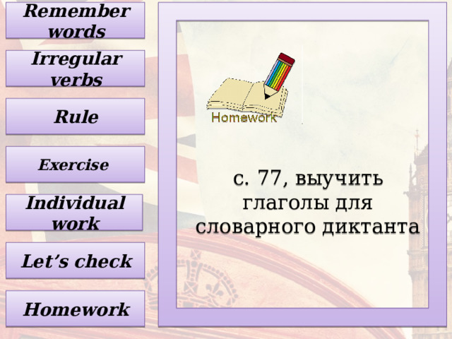 Remember words Irregular verbs Rule Exercise с. 7 7, выучить глаголы для словарного диктанта Individual work Let’s check Homework 