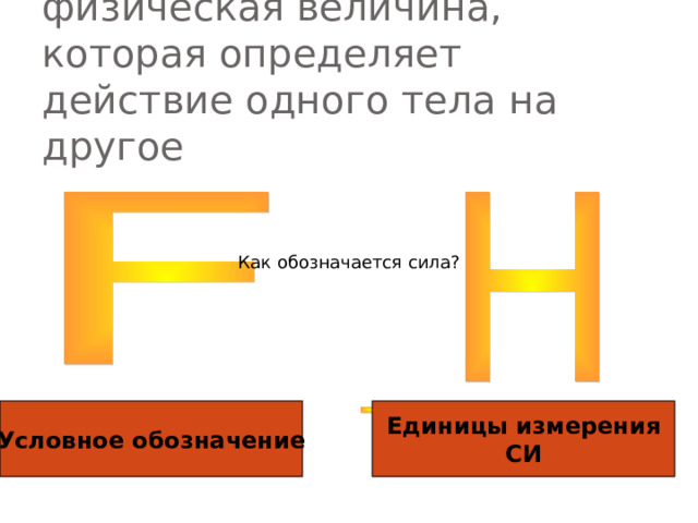 Силой называется физическая величина, которая определяет действие одного тела на другое Как обозначается сила? Условное обозначение Единицы измерения СИ 