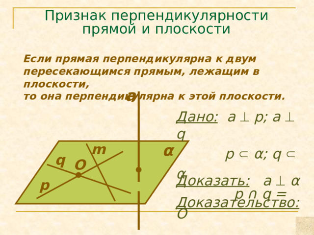 Признак перпендикулярности прямой и плоскости Если прямая перпендикулярна к двум пересекающимся прямым, лежащим в плоскости, то она перпендикулярна к этой плоскости. a Дано:  а  p; a   q  p  α; q  α  p ∩ q = O α m q O Доказать: а   α p Доказательство: 