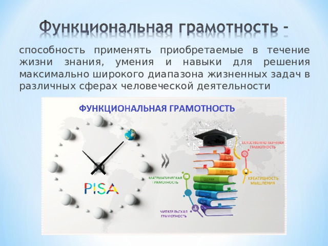 способность применять приобретаемые в течение жизни знания, умения и навыки для решения максимально широкого диапазона жизненных задач в различных сферах человеческой деятельности 