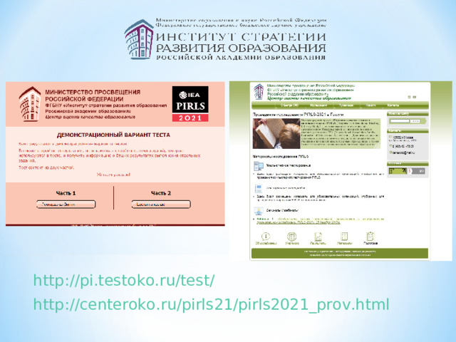 http ://pi.testoko.ru/test / http ://centeroko.ru/pirls21/pirls2021_prov.html 