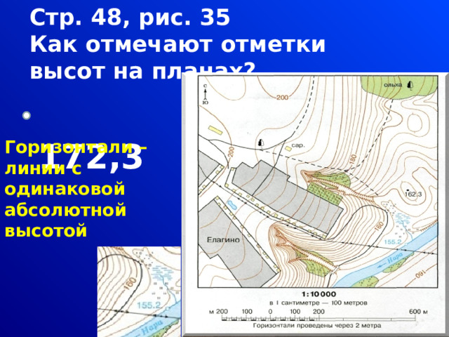 Стр. 48, рис. 35 Как отмечают отметки высот на планах?  172,3 Горизонтали – линии с одинаковой абсолютной высотой 