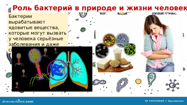 Роль бактерий в природе и жизни человека . Бактерии вырабатывают ядовитые вещества, которые могут вызвать у человека серьёзные заболевания и даже смерть. 