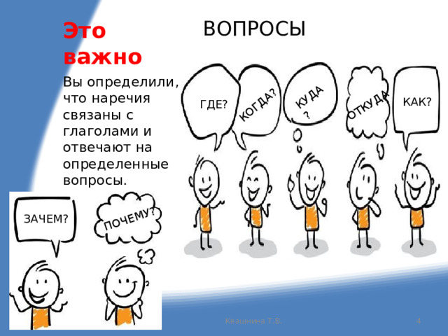 КОГДА? КУДА? ОТКУДА ПОЧЕМУ? Это важно ВОПРОСЫ Вы определили, что наречия связаны с глаголами и отвечают на определенные вопросы. КАК? ГДЕ? ЗАЧЕМ? 1/8/24 Квашнина Т.В.  