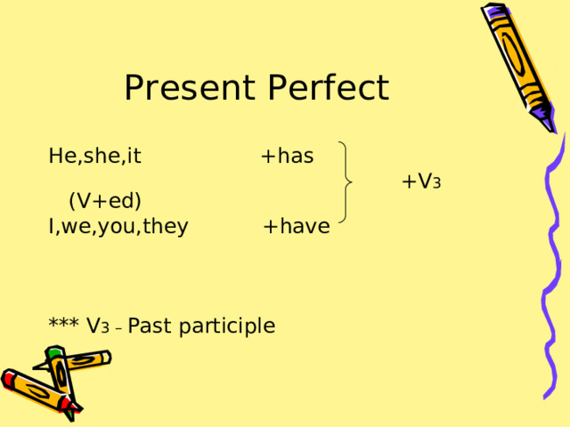 Present Perfect He,she,it +has  +V 3 (V+ed) I,we,you,they +have *** V 3 – Past participle 