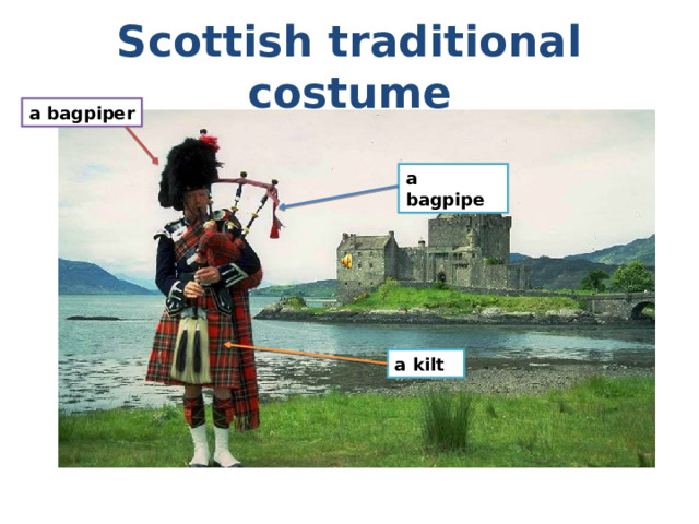 Scottish traditional costume a bagpiper a bagpipe a kilt 
